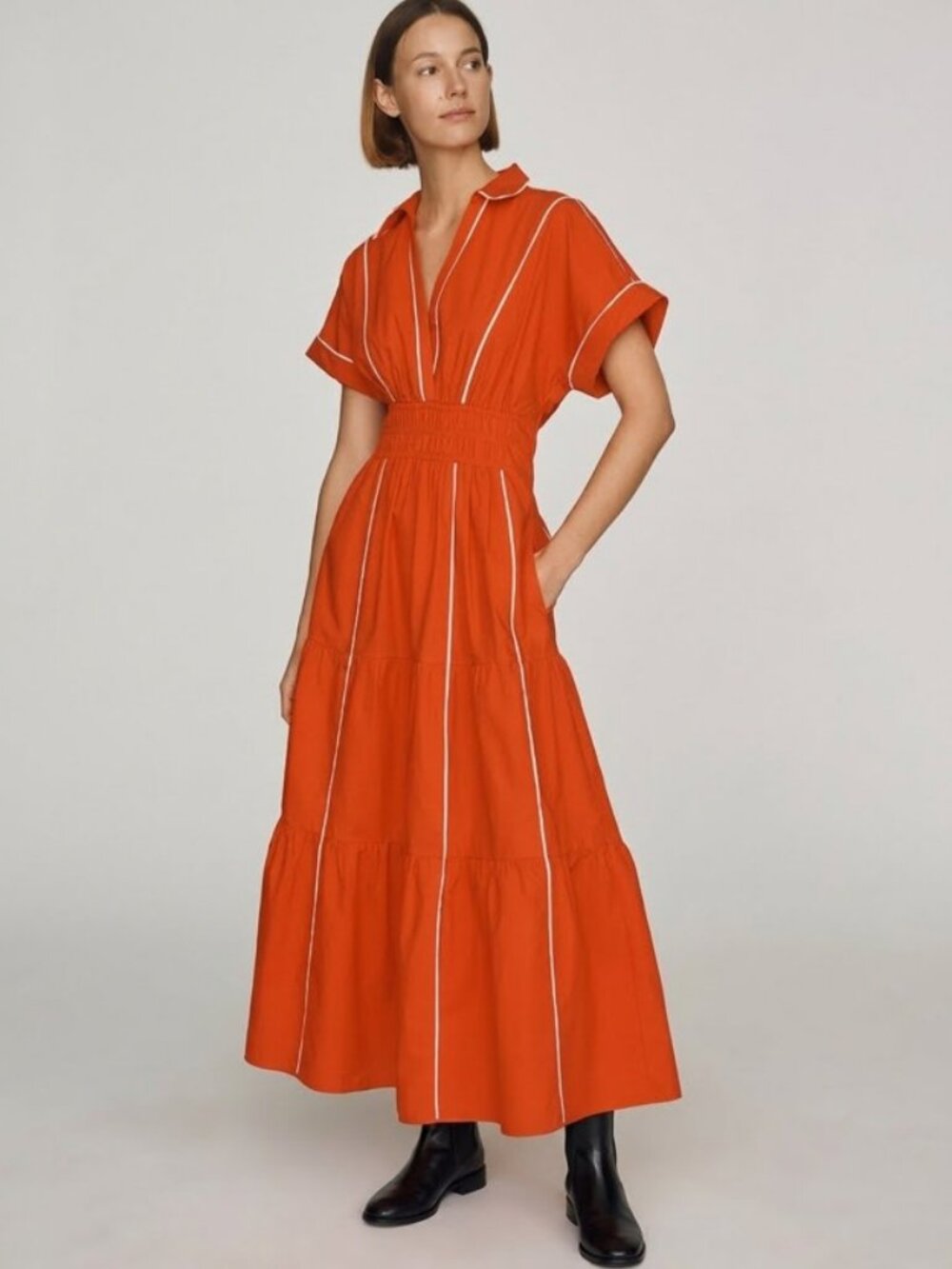 Anthropologie Somerset Maxi Shirt Dress Red Orange Contrast Piping Pockets M